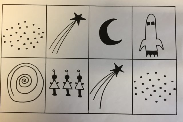 A series of graphic images positioned in a grid of 8 boxes 
